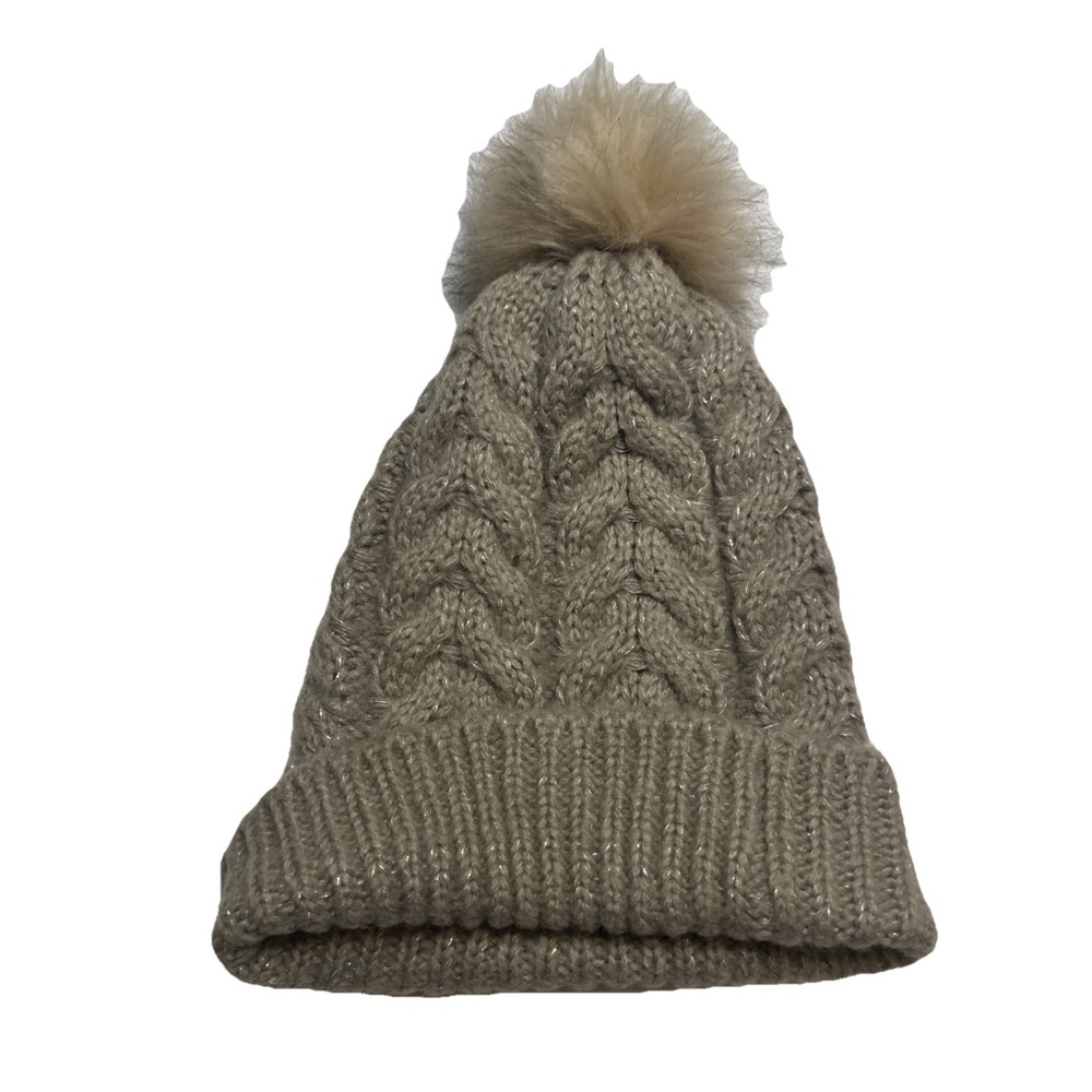 Taupe Cable Knit Beanie‎ Hat with Faux Fur Pom Pom and Silver Lurex Sparkle OS